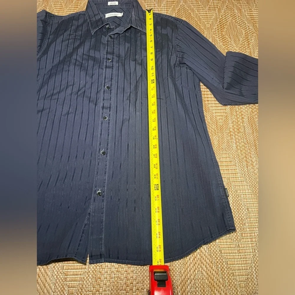 Calvin Klein Men's Dark Blue Striped Button Down Dress Shirt,Size L